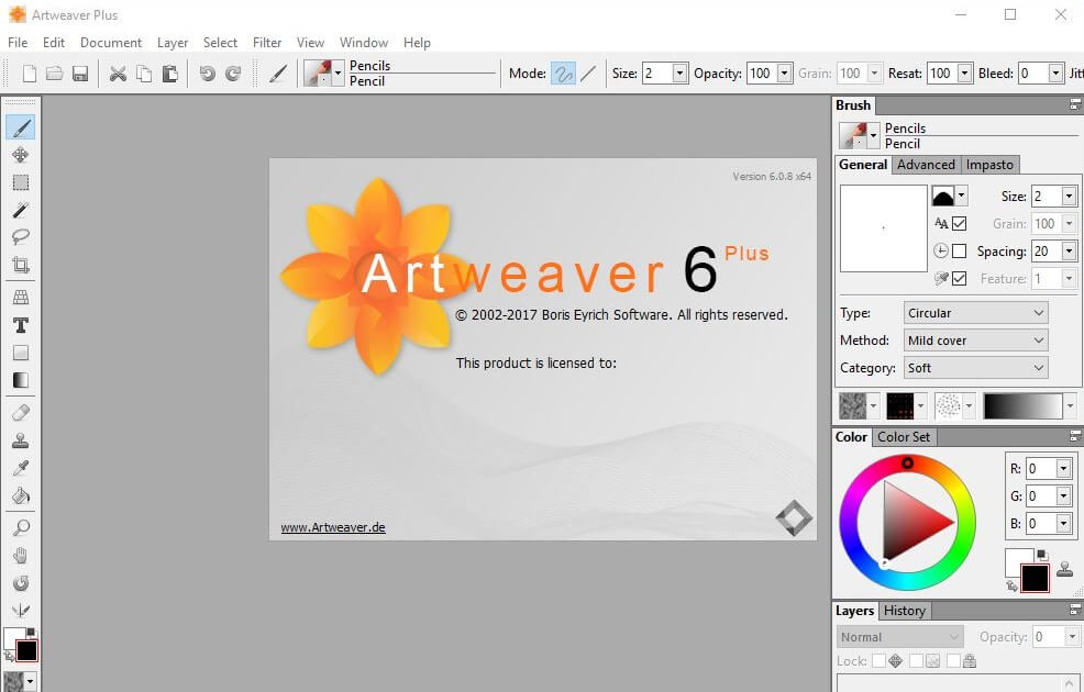 Artweaver 6 Plus interface/brugergrænseflade